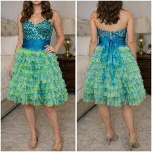 Karishma Strapless Blue Green Sequin Formal Dress $278